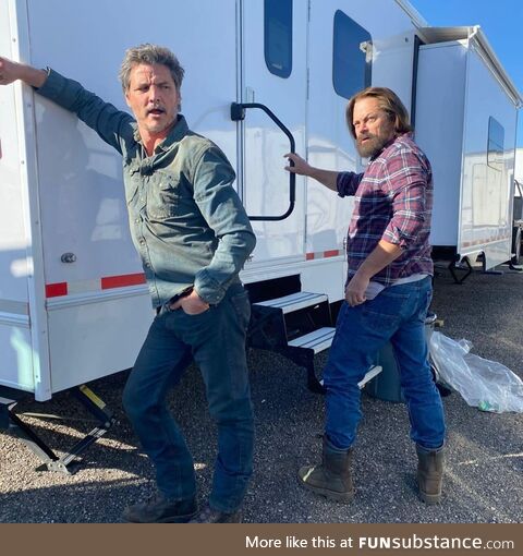 Pedro Pascal and Nick Offerman on the set of The Last of Us. Two of the coolest dudes in