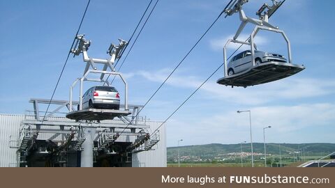 Aerial tramway carries cars in Bratislava, Slovakia