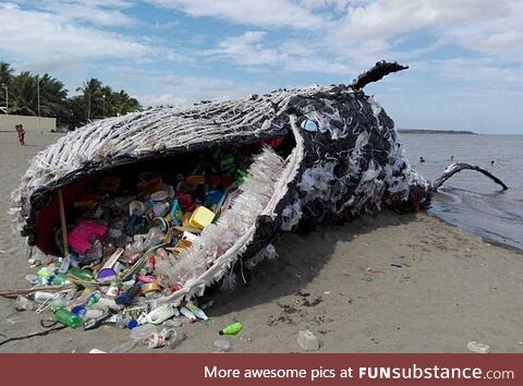 "Whale of a Problem" by Phillipines Greenpeace, rubbish & plastic waste, life-size, 2017