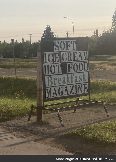 Anyone wanna go for some soft ice cream hot food breakfast magazine?