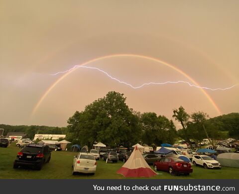 [OC] Snapped a photo of double rainbow + lightning at Secret Dreams Music & Arts Festival