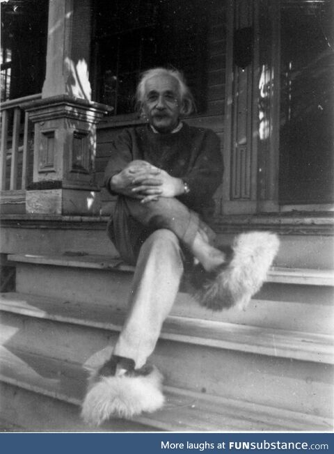 Albert Einstein in fluffy slippers