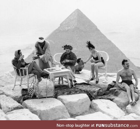 A group of tourists on top of the Great Pyramid (Pyramid of Khufu), Giza, Egypt in 1938