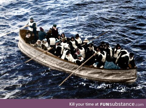 April 15, 1912, south of Newfoundland, survivors of the Titanic approaching the Carpathia