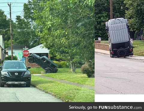 Jeep gets stuck by running up the wires to a telephone pole