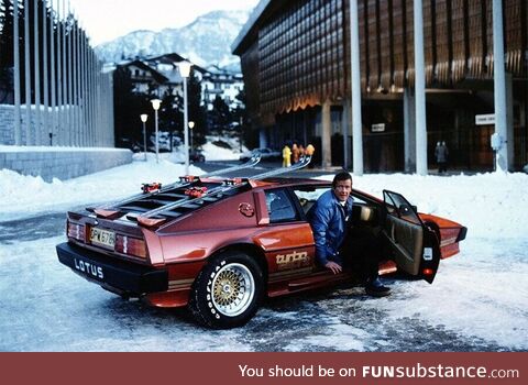 Roger Moore coming out of Lotus Espirit Turbo on the set of 'For Your Eyes Only' in 1981