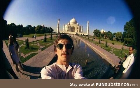 23 year old George Harrison taking a selfie at the Taj Mahal, India,1966