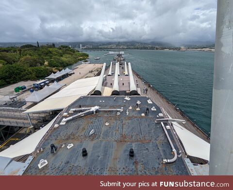 USS Arizona memorial seen from the navigation deck of the USS Missouri