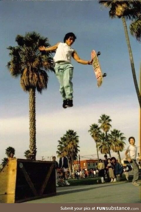 Christian Hosoi doing the move he created: “Christ Air” early 80s, Venice Beach,