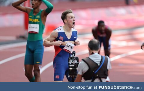 Karsten Warholm of Norway just after he smashed the world record for the 400 meter