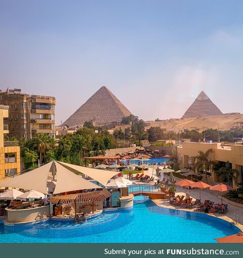 View of the pyramids from a hotel in Giza