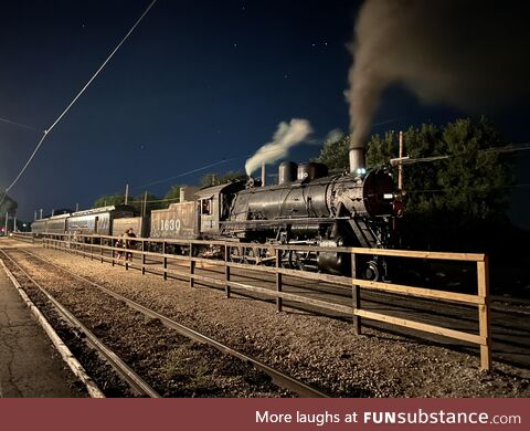 Night photo of a steam locomotive