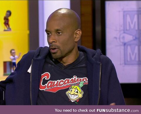 ESPN host Bomani Jones "Caucasians" t-shirt mocking ridiculous Cleveland Indians' "Chief