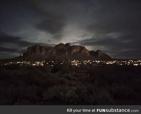 Superstition Mountain in Arizona. Those lights are climbers. (OC)