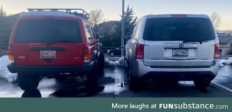 Parked by chance next to each other at a fast food business