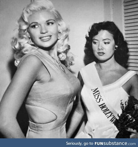 Jayne Mansfield with the winner of Miss Hollywoood 1957