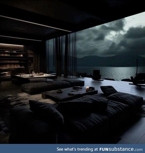 Luxury view of dark room with sea and mountains