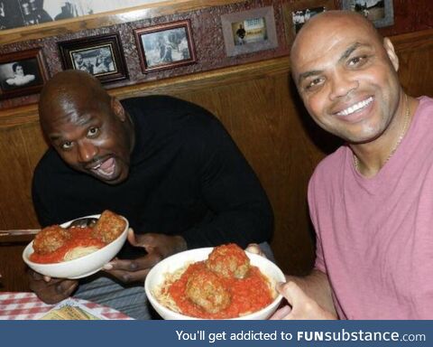 Shaq and Charles Barkley all smiles eating spaghetti