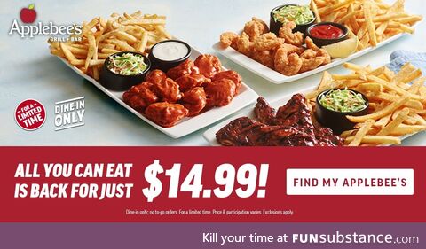 Applebee's All You Can Eat Is Back For Just $14.99!