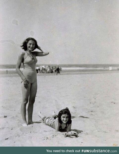 Anne Frank photographed with her sister Margot on the beach, Zandvoort, 1940