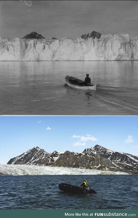 Two photos of the same Glacier in the Arctic taken 104 years apart