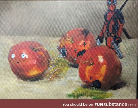 That's one bad apple. Painting Deadpool on thrift store paintings