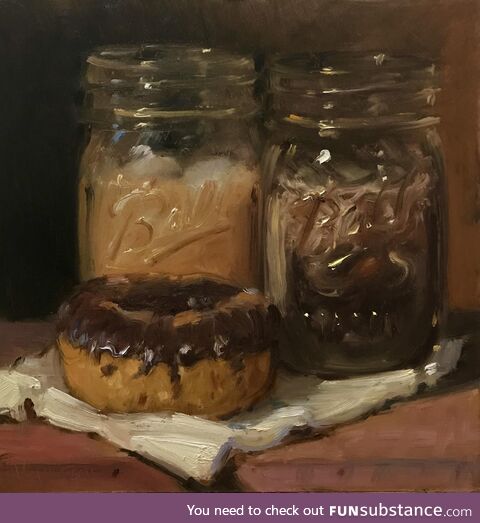 [OC] My oil painting of a Donut & Iced Coffees