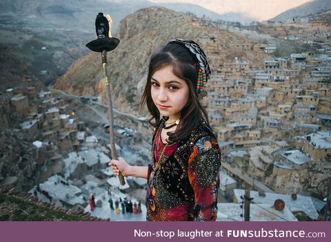 Kurdish village girl at the Nowruz (kindling fire) celebration. Palangan village in