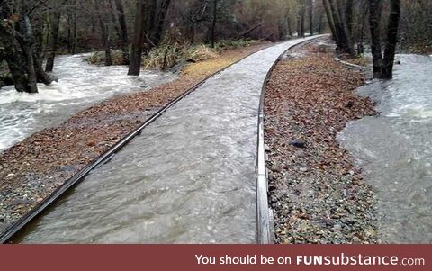 Train rails preventing water from escaping