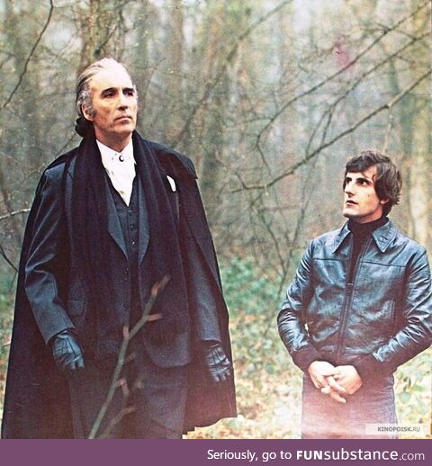 Christopher lee on the set of 'house of long shadows'