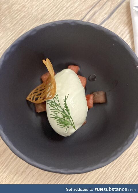 Smoked watermelon with fennel ice cream