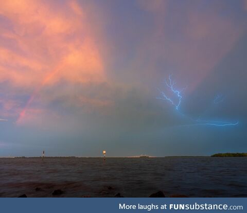 [OC] lightning and rainbow over the Skyway Bridge in St Pete, FL. 1350x1080