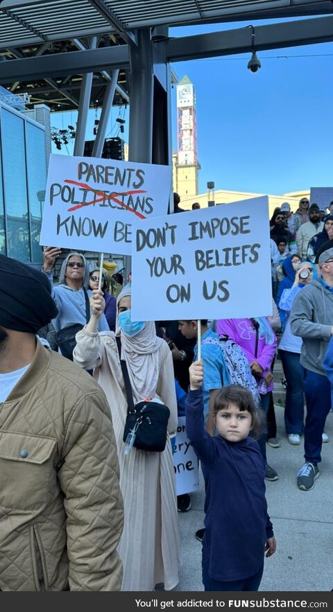 Taken at an anti-LGBTQ+ and anti sex-ed protest in Canada, organized by religious groups