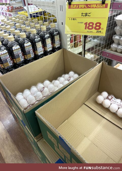 Price of eggs currently here in Japan, 10 eggs for 204¥ after tax(1.57USD)