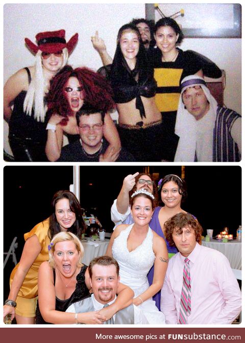 A decade of marriage & still BFFs. Top pic: Halloween 2000, bottom pic: Our wedding on