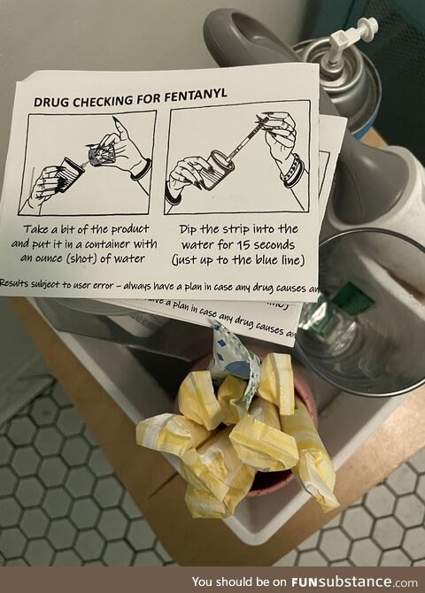 Fentanyl test kits in the bathroom of the local bar