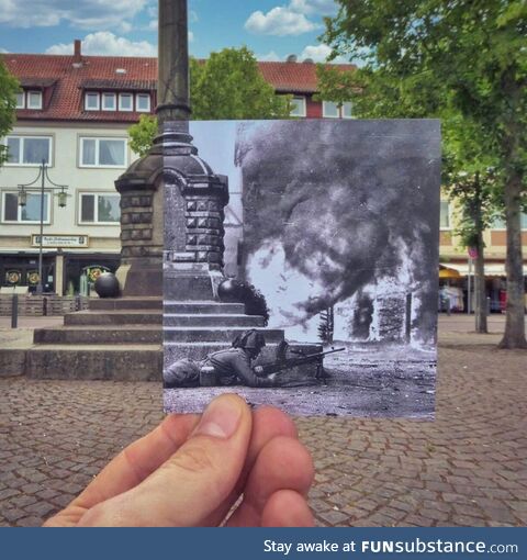 Town square in Uelzen, Lower Saxony, Germany- during the Battle of the Rhine, April 1945