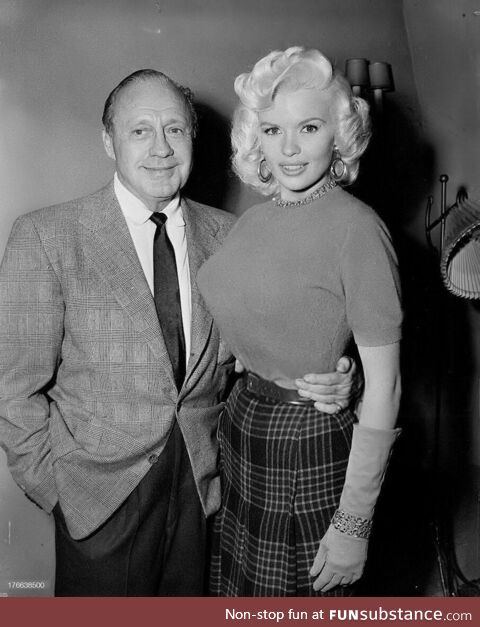 Comedian Jack Benny with Jayne Mansfield, 1956