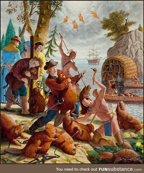 Probably the greatest painting of people attacking beavers in all of Canada