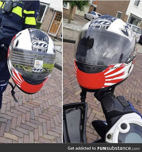 Driving for 3 years with the security sticker on his helmet. After removed by police a