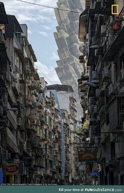 The Hotel Grand Lisboa viewed from the streets of Macau