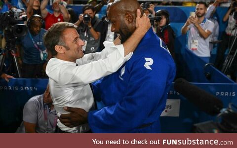 French President Macron congratulates Teddy Riner on winning the Olympic gold in judo