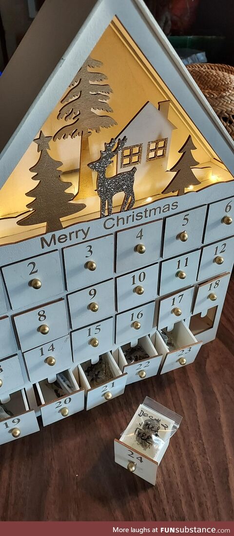 Advent calendar mom's neighbor gave her with all the different strains of weed she sold