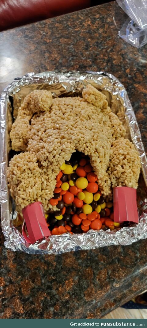 Our family made Rice Krispie turkey with Reese's Pieces stuffing for Canadian