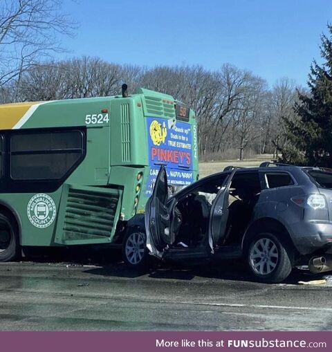 The ad on the back of the bus is for Pinkey’s Auto Body. “Quack up? Duck in for a