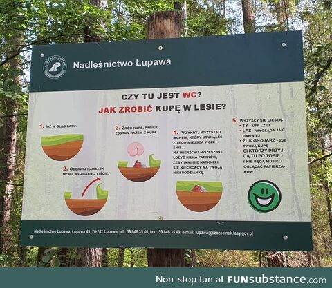 "How to Take Poop in the Woods" - an informative board for tourists, placed in a forest