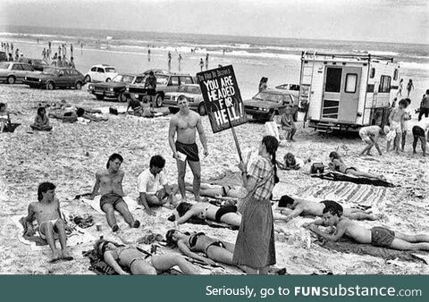 Puritans protesting against wearing bikini, Miami Beach, somewhere in the 80s