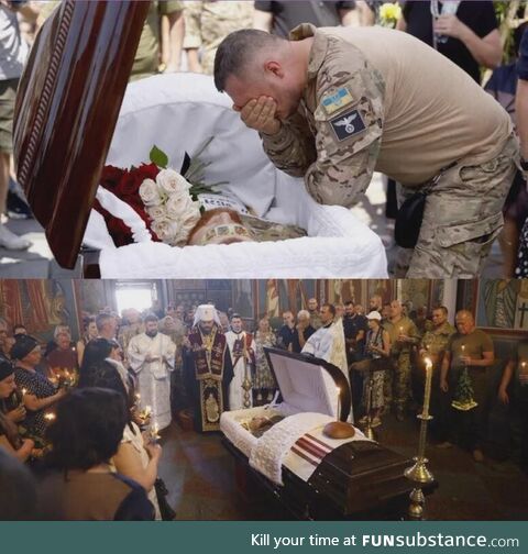 A brave Ukrainian soldier mourns his fallen comrade at a funeral