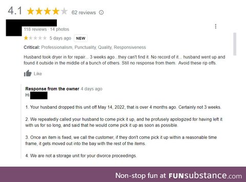 Appliance repair shop responds to a bad review