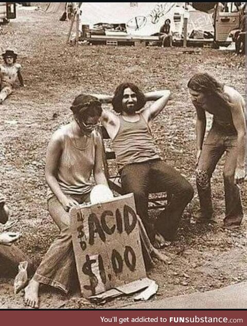 Hippies at the Woodstock festival selling LSD. 1969